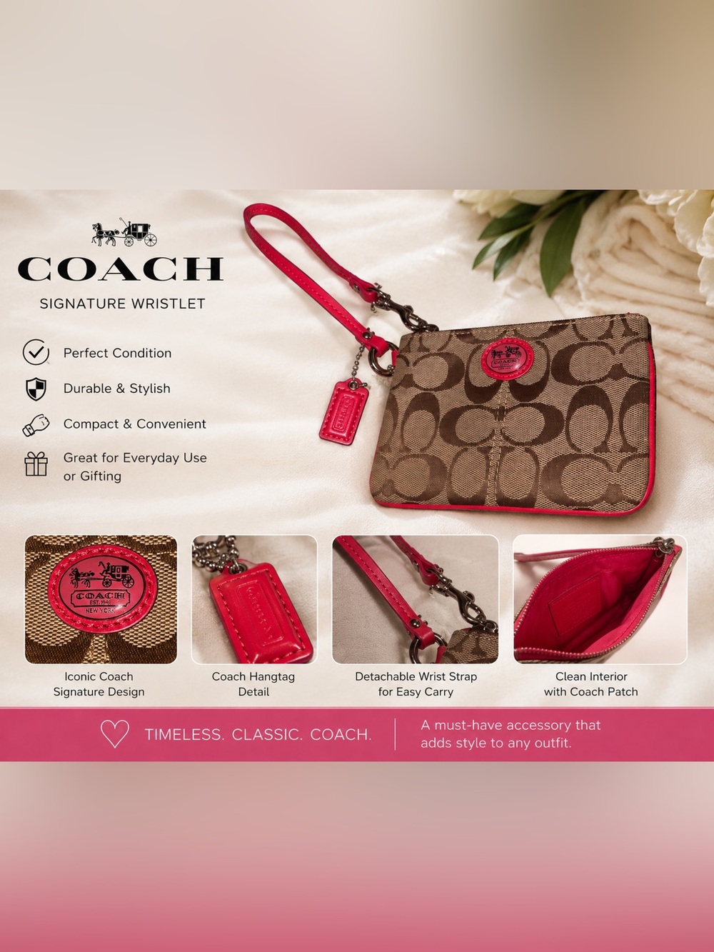 Authentic Coach Horse & Carriage Signature Pink Trim Wristlet